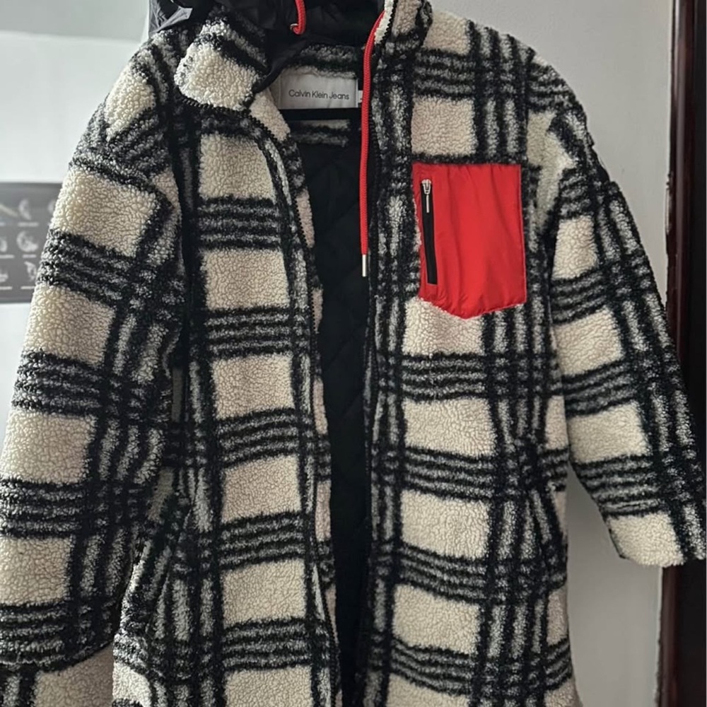 Calvin Klein women’s Black and White Plaid Jacket with Red Accent